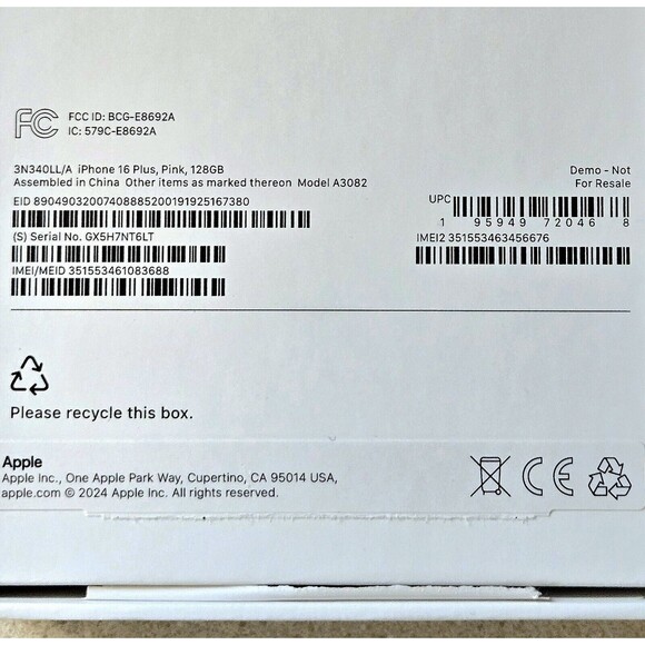Empty Retail Box Apple A3082 iPhone 16 Plus + Pink 128GB Demo Sticker Excellent - Picture 6 of 8
